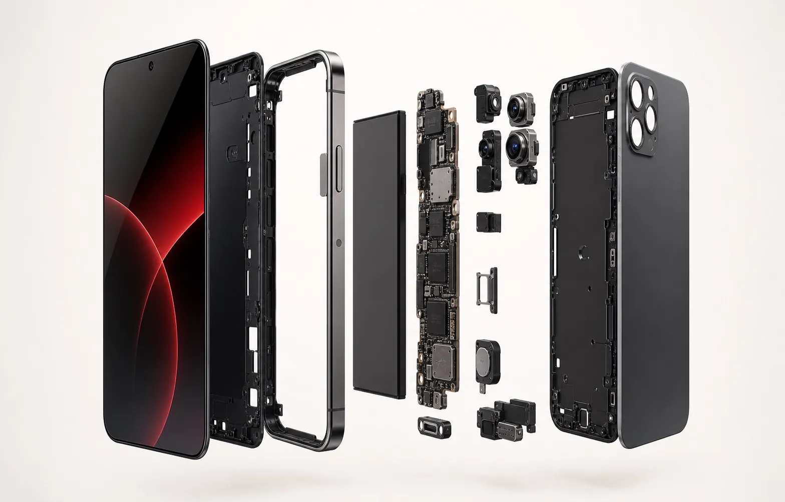 Vue décomposée d’un smartphone avec écran, batterie, carte mère, caméras, connecteur et vitre arrière